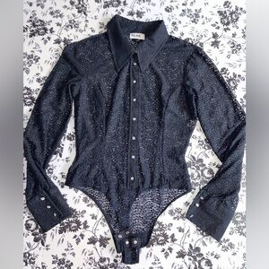 Vintage Y2K BCBG Paris Black Lace Button Down Bodysuit Rhinestone XS